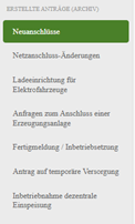 Screenshot aus dem Netzanschlussportal: Archivansicht