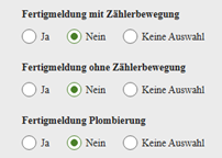 Screenshot aus dem Netzanschlussportal: Varianten der Fertigmeldung